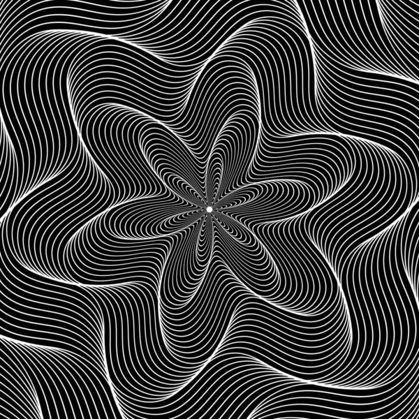 黒い上に波状の白い線を渦巻くのオペアート円形のパターン ラウンド抽象的背景デザイン — ストックベクタ