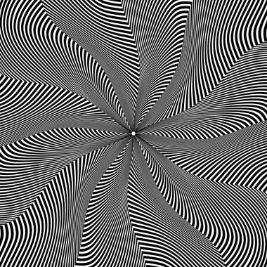 Eğri kollu optik sanat dairesel deseni. Siyah çizgilerin psikedelik arkaplan tasarımı.