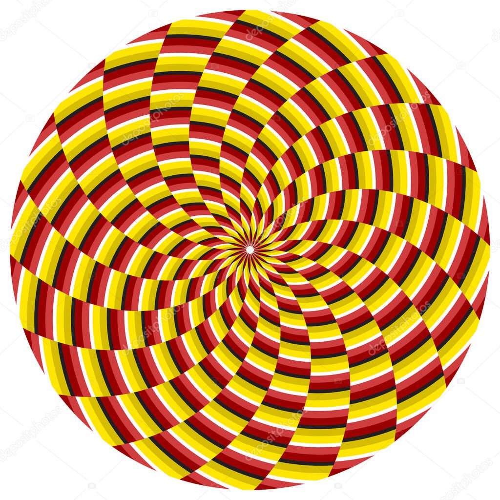 Optical illusion motley circle of spiral striped ornament. Round pattern for motion background design.