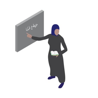 Arap elbiseli kadın tahtanın yanında duruyor ve elinde bir kitap tutuyor. İzometrik görünümlü Müslüman okul öğretmeni.