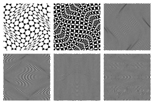 Vibrating Seamless Patterns Set Optical Art Black White Fabric Swatches — 스톡 벡터