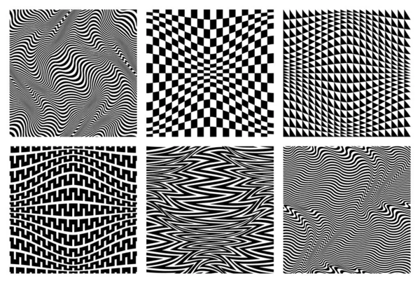 Optical Warped Seamless Patterns Set Geometric Black White Fabric Swatches Stock Illustration