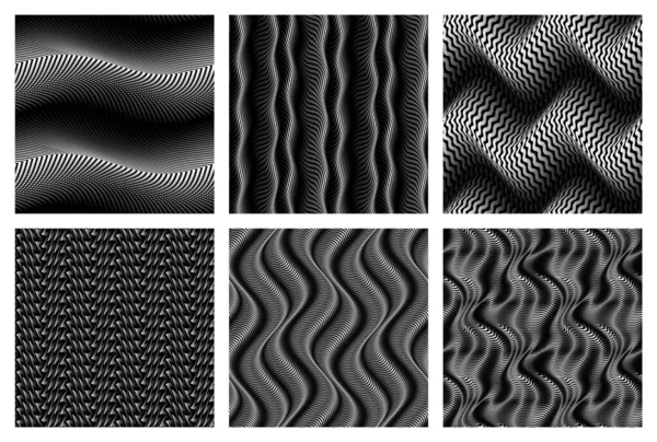 Vector Embossed Seamless Patterns Set Optical Art Monochrome Fabric Swatches —  Vetores de Stock