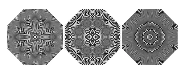 Optical Art Vibrating Mandalas Set Patterned Black Clipart Tattoo Design — 图库矢量图片