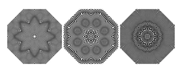 Optical Art Vibrating Mandalas Set Patterned Black Clipart Tattoo Design — Wektor stockowy