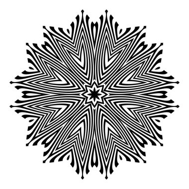 Optik sanat yıldızımsı desen. Siyah çizgilerin simetrik dairesel dekorasyonu.