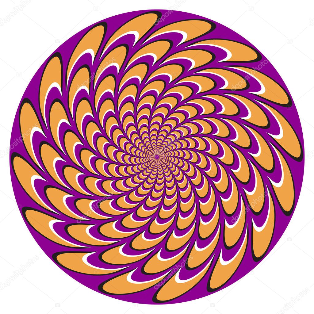 Optical illusion patterned circle of deformed moving shapes. Round pattern for motion background design.