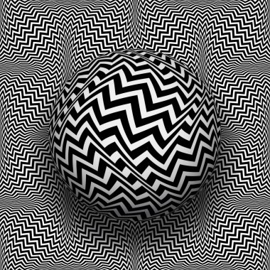 Hypnotic sphere on patterned warped texture. Vector black white optical art illustration.