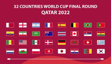 BANYUMAS, INDONESIA - JUNE 15, 2022: FIFA World Cup. World Cup 2022. Match schedule template. Football results table, flags of world countries. Vector illustration