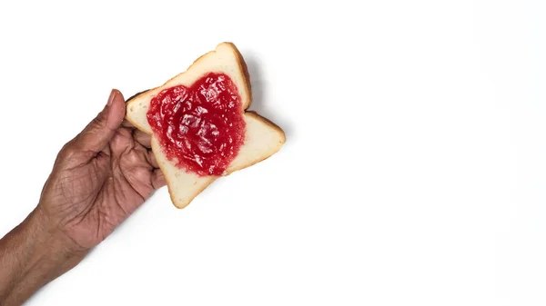 Heart Shaped Bread Fruit Jam Holding Bread Hand Isolated White — Stock Photo, Image