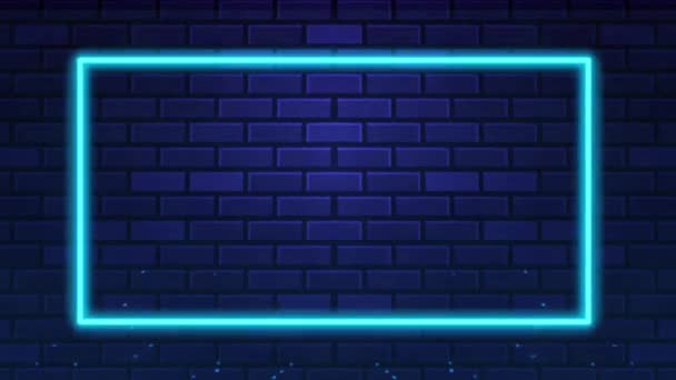 Blue Neon Square Box Рядом Кирпичной Стеной Включая Логотип — стоковое видео