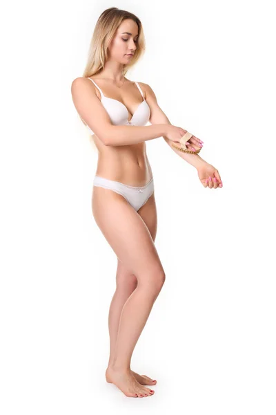 Young Slim Woman White Underwear Blonde Long Hair Uses Brushes — Stock Fotó