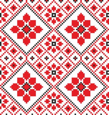 Kusursuz Ukrayna ulusal modeli. Yıldızlar ve çiçeklerle işlenmiş Slav nakışı. Çapraz dikiş deseni