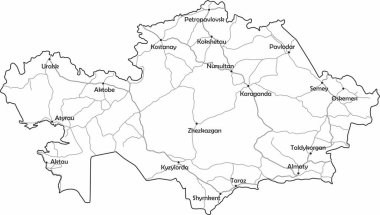 Kazakistan 'ın vektör hattı haritası. Yollu harita. Ülkenin büyük şehirleri