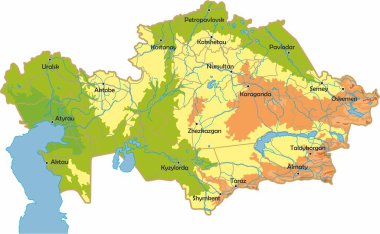 Kazakistan 'ın vektör fiziksel haritası. Renk haritası, dağlar ve ovalar, nehirler ve göller. Büyük şehirler, yollar ve bölgesel sınırlar