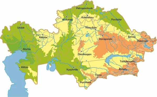 カザフスタンのベクトル物理地図 カラーマップ 山や平野 川や湖 主要都市 地域の境界線 — ストックベクタ
