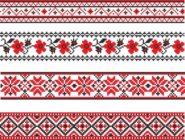 Ukrayna 'nın kusursuz süslemelerinden oluşan bir vektör seti. Ulusal Slav tarzında sınırlar ve çerçeveler. Çapraz dikiş desenleri