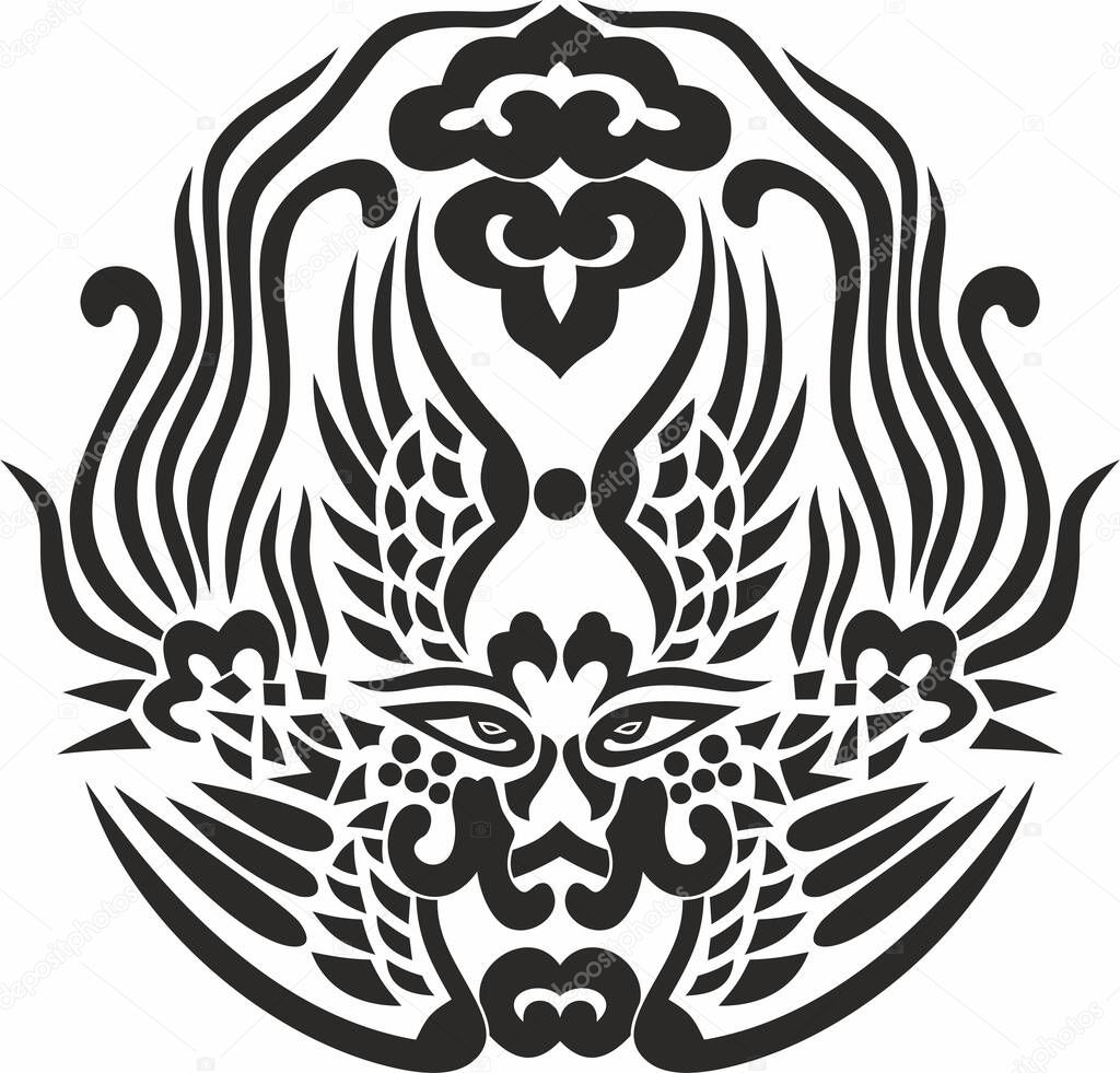 Vector monochrome Chinese dress wedding feminine headdress Phoenix. a harbinger of happiness and well-being. Mask