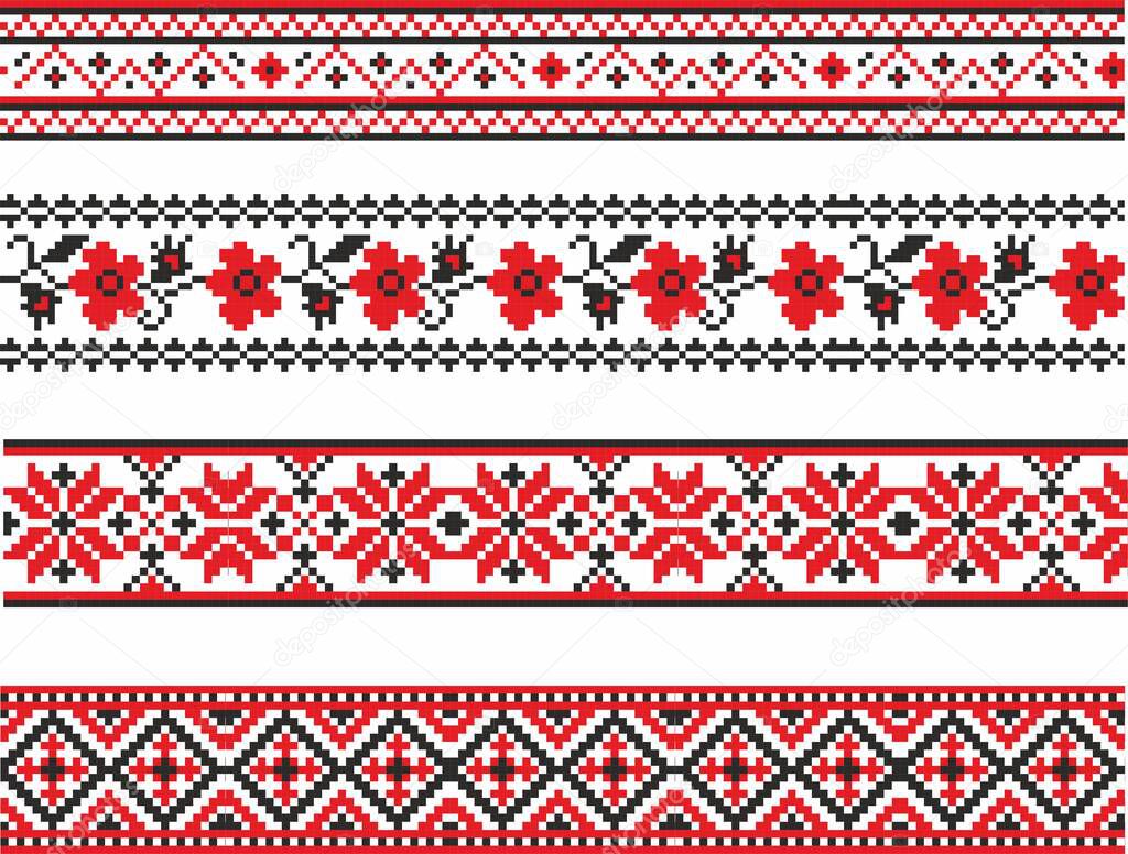 Vector set of Ukrainian seamless ornaments. Borders and frames in the national Slavic style. Cross stitch patterns