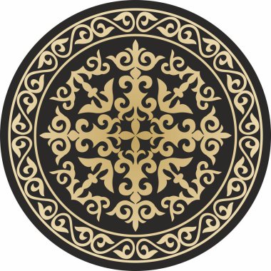 Kazak süs eşyasının etrafındaki vektör shanyrak. Siyah arka planda altın desenli daire. Göçebe sanatı, yurt dekorasyonu