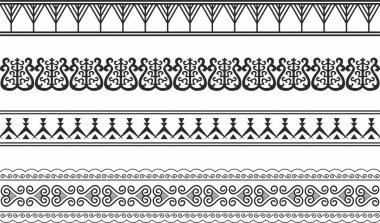 Kusursuz Yakut ulusal süslemelerinin vektör seti. Tek krom sonsuz Asyalı desenleri, iç çamaşırları ve çerçeveler. Ev dekorasyonu, halılar ve seramik. Kuzey insanlarının gelenekleri, tundra halkı.