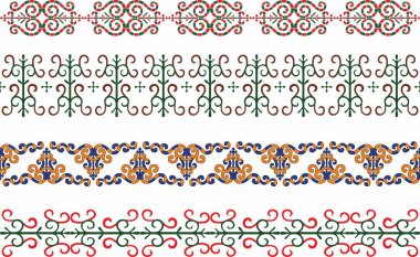 Kusursuz Yakut ulusal süslemelerinin vektör seti. Renkli sonsuz Asya desenleri, desenleri ve çerçeveleri. Ev dekorasyonu, halılar ve seramik. Kuzey insanlarının gelenekleri, tundra halkı.