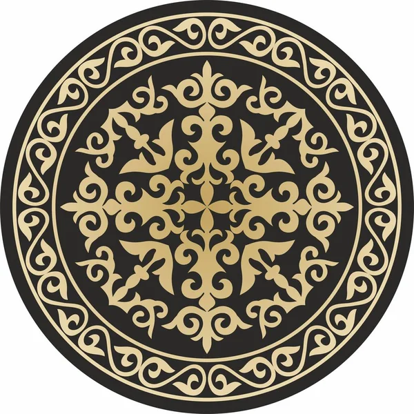 Kazak süs eşyasının etrafındaki vektör shanyrak. Siyah arka planda altın desenli daire. Göçebe sanatı, yurt dekorasyonu
