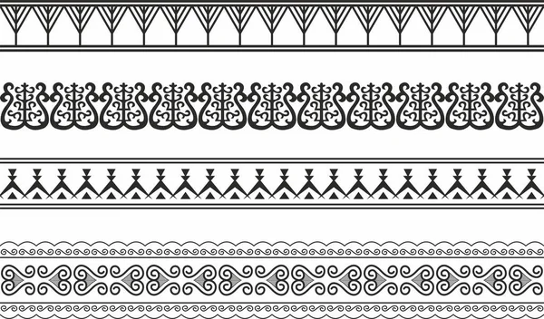 Kusursuz Yakut ulusal süslemelerinin vektör seti. Tek krom sonsuz Asyalı desenleri, iç çamaşırları ve çerçeveler. Ev dekorasyonu, halılar ve seramik. Kuzey insanlarının gelenekleri, tundra halkı.
