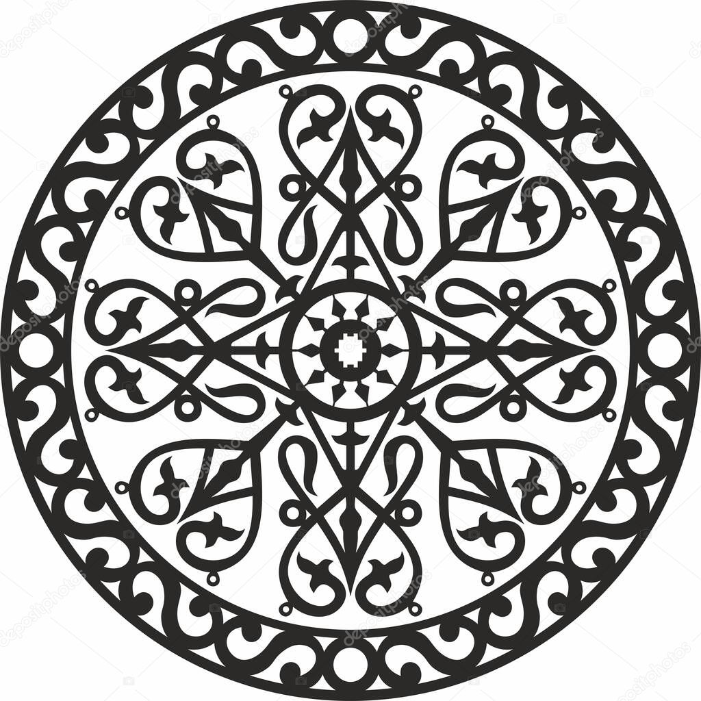 Vector Yakut round ornament. circle with ornament drawing of the far east. Patterns of northern peoples, siberia and tundra