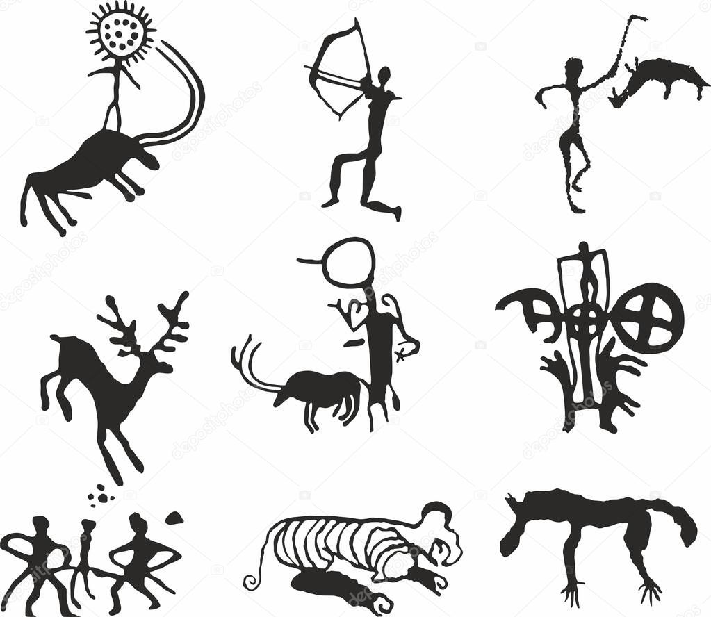 Vector set of petroglyphs of Kazakhstan. Ancient rock carvings in stone. Scythians, nomads of the steppe