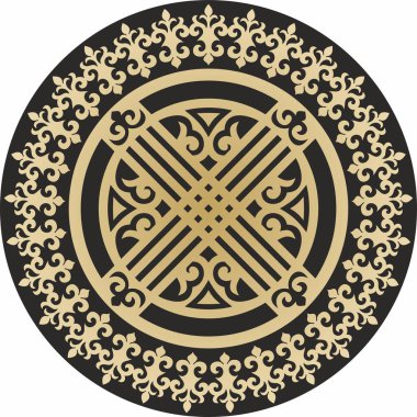 Vector Golden Round Kazak Süs Şanyrak. Yurdun çatısında çember oluşturun. Büyük bozkırın insanlarının desenleri. Çember halinde Asya sınırı. Moğolistan, Kalmykia, Bashkiria, Buryatia, Kırgızistan.