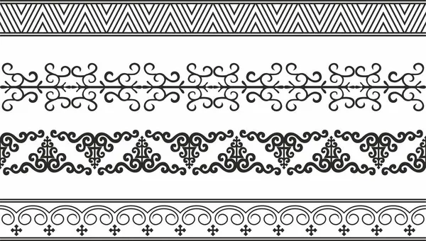 Kusursuz tek renkli Yakut süslemelerinin vektör seti. Uzak Kuzeydeki insanların ulusal çizimi. Sonsuz tundranın kenarları ve çerçeveleri.