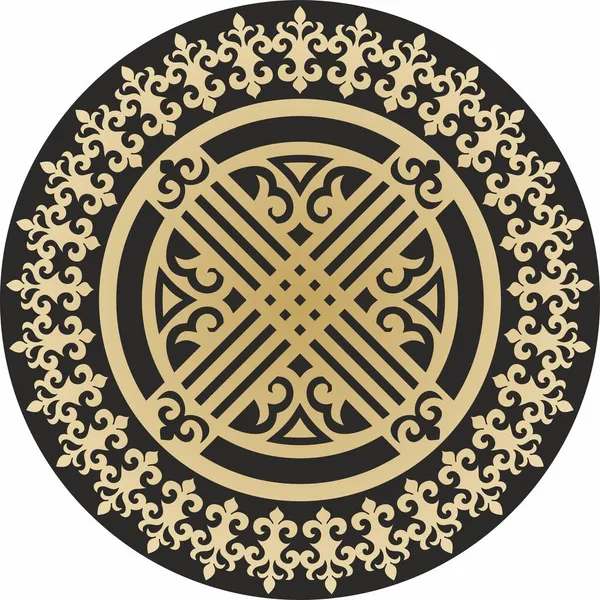 Vector Golden Round Kazak Süs Şanyrak. Yurdun çatısında çember oluşturun. Büyük bozkırın insanlarının desenleri. Çember halinde Asya sınırı. Moğolistan, Kalmykia, Bashkiria, Buryatia, Kırgızistan.