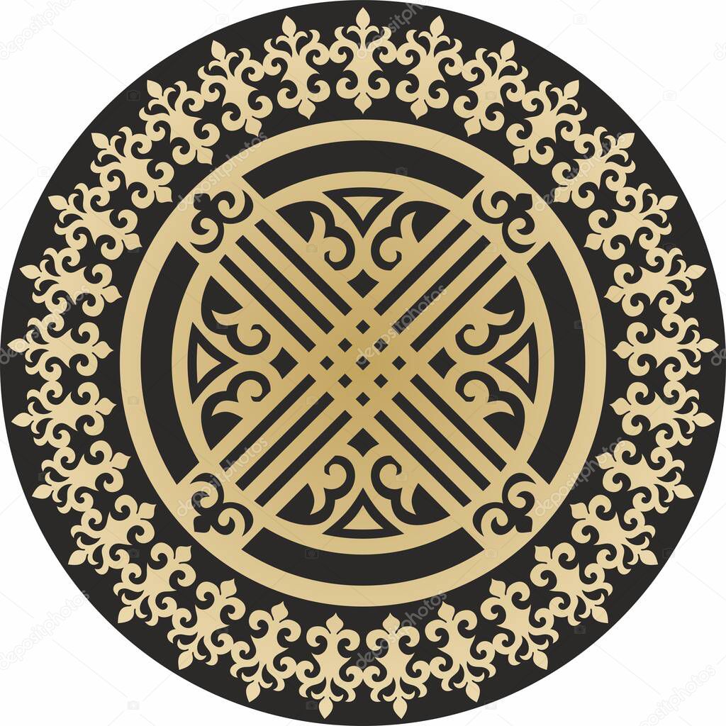 Vector golden round kazakh ornament shanyrak. circle on the roof of the yurt. Patterns of the peoples of the great steppe. Asian border in a circle. Mongolia, Kalmykia, Bashkiria, Buryatia, Kyrgyzstan.