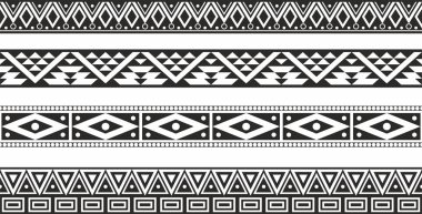 Vector monochrome seamless set of Native American folk ornaments. Frames and borders of the peoples of South and North America, Aztecs, Incas, Mayans, Cherokee, Comanches, Iroquois, Apaches, clipart