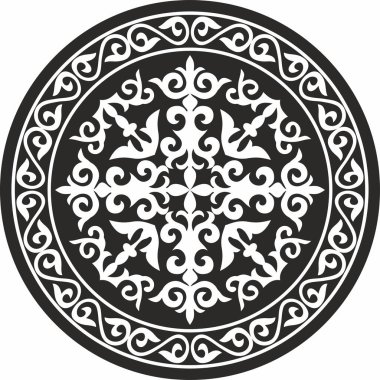 Kazak ulusal süsü etrafında vektör monokrom. Büyük Steppe 'in insanlarının klasik düzeni. Moğollar, Kırgızlar, Kazaklar, Kalmikler, Buryatlar yurdunun dekorasyonu. Shanyrak