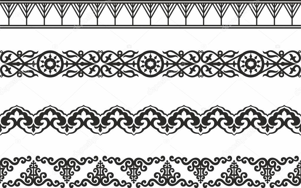 Vector monochrome seamless set of Yakut folk ornaments. Frames and borders of the peoples of the north, tundra