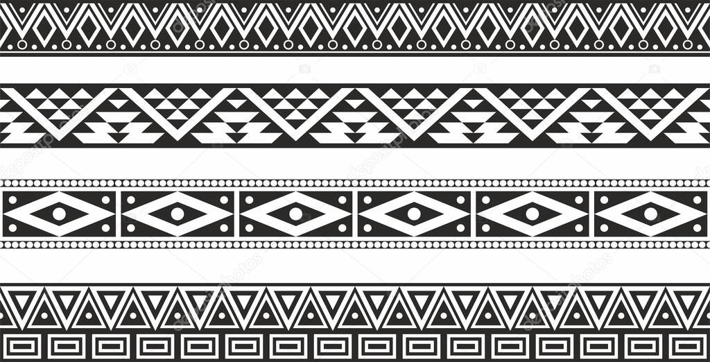 Vector monochrome seamless set of Native American folk ornaments. Frames and borders of the peoples of South and North America, Aztecs, Incas, Mayans, Cherokee, Comanches, Iroquois, Apaches,
