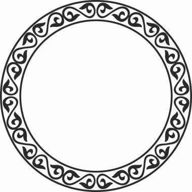 Vector monokrom yuvarlak desenli Kazak ulusal çerçevesi. Çember şeklinde Asya süsü. Kum püskürtme, lazer ve entrikacı kesme sınırı. Büyük Steppe 'in göçebe halklarının desenleri.