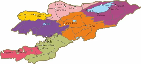 Vektorová Administrativní Mapa Kyrgyzstánu Území Země Silnicemi Velkými Městy Jezery — Stockový vektor