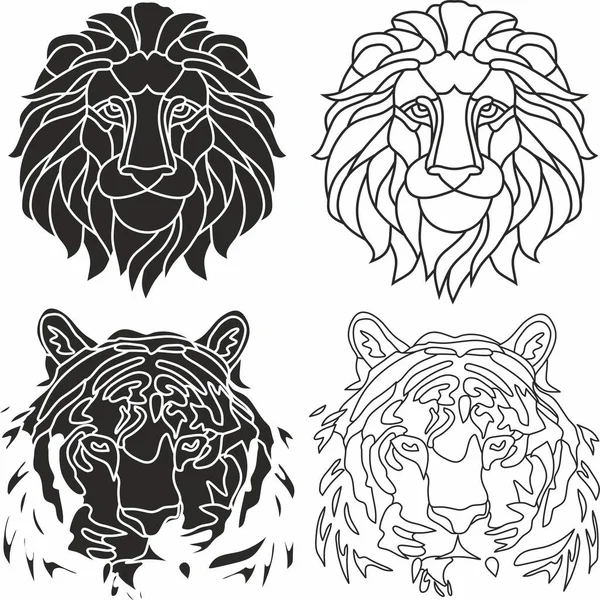 Rompecabezas Vectoriales Monocromáticos León Tigre Animales Savannah Gatos Grandes Con — Archivo Imágenes Vectoriales