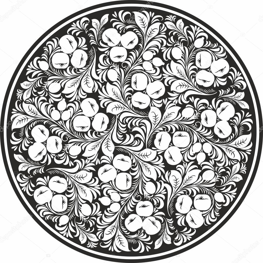 Vector monochrome round Russian national ornament Khokhloma. Plate, tray with ethnic traditional floral and berry design. Circle for sandblasting, plotter and laser cutting.