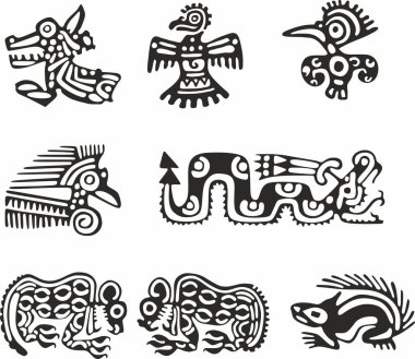 Amerikan yerlilerinin sembollerinin vektör seti, Aztek, Maya, İnka. Amerikan yerlilerinin figürleri..