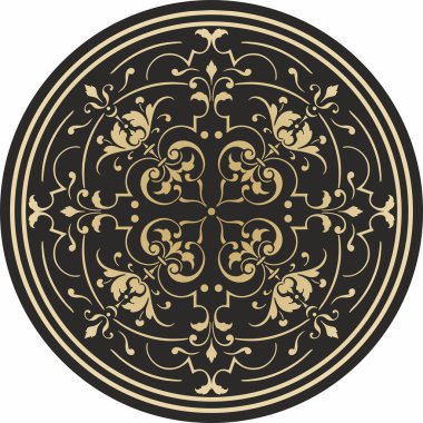Vector round altın klasik süs. Siyah arka planda Avrupa altın desenli bir daire. Tavan dekorasyonu, antik Roma, Yunanistan