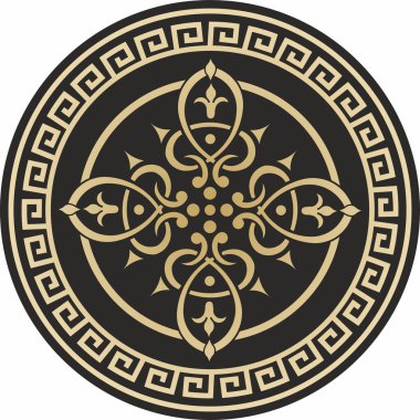 Siyah arkaplan süsü üzerinde Yunan altınını taşıyın. Bir daire çiz. Dairesel desen. Antik Roma 'nın mimarisi. Altın para