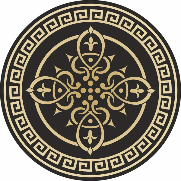 Siyah arkaplan süsü üzerinde Yunan altınını taşıyın. Bir daire çiz. Dairesel desen. Antik Roma 'nın mimarisi. Altın para