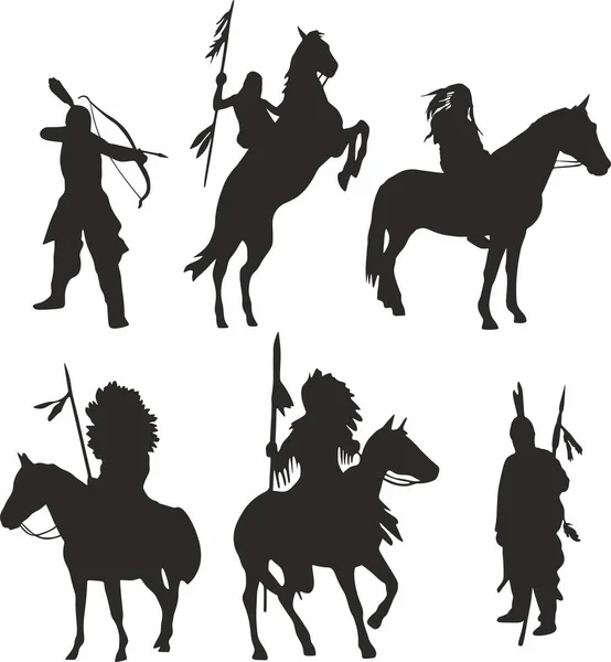 土著美国人的一组矢量轮廓 美洲各部落印第安人的影子 印加人 玛雅人 阿兹特克人 马尔博罗人骑在马背上的人C — 图库矢量图片