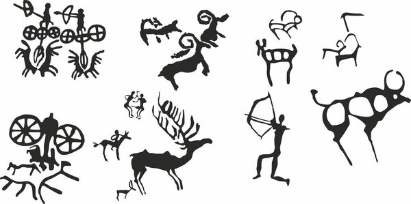 Vector set of petroglyphs of Kazakhstan. Ancient rock carvings in stone. Scythians, nomads of the steppe