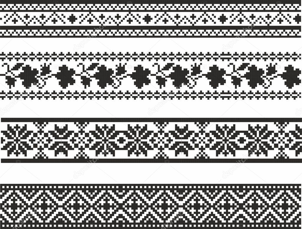 Vector set of monochrome seamless Ukrainian borders. Endless patterns of Slavic peoples, Russians, Belarusians, Bulgarians, Poles, Serbs. Cross-stitch, embroidery