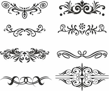 Monogram vektör kümesi, hanedan süslemeleri. Tasarımcı metin ayırıcıları. Çizgilerdeki desenler. Harf sınırı